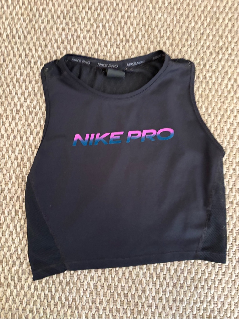 Nike Pro Black Cropped Tank with Pink-to-Blue Gradient Logo